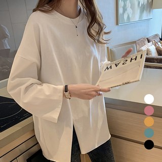 Elsso 女士寬鬆版型圓領側邊開衩基本款長袖T恤