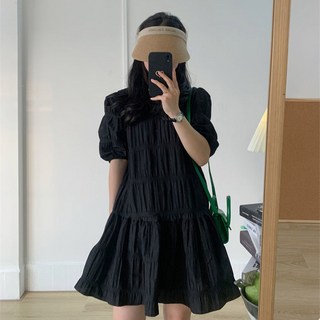 Elsso 褶皺細節短袖迷你洋裝, 黑色