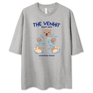 VENHIT 中性款游泳熊大尺碼短袖T恤, 莫蘭迪灰