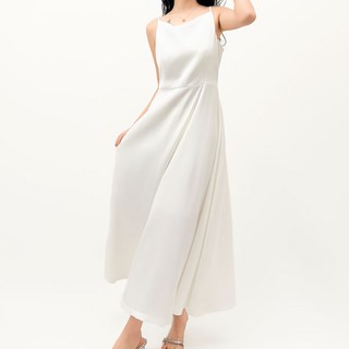 TheSirup 女性吊帶簡潔緞面修身長版連身裙, 白色