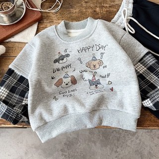 EYOUMONG 兒童寬鬆版型小狗印花拼接格紋袖大學T E5W121