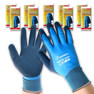 HANWOO 水握乳膠塗層防水手套 HW-207, 藍色, 10組
