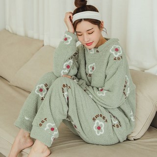 GLAM GONGGAM 女款花朵印花絨毛長袖上衣+長褲睡衣套裝