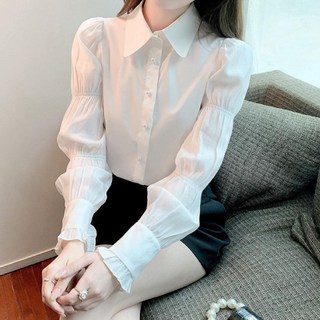 Goodif 女款純色荷葉邊袖長袖襯衫