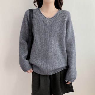 Seonbit 女款 Lucie V領素色寬鬆版日常毛衣