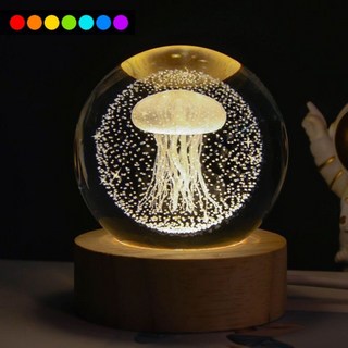 ALL SPLENDID 水母 水晶球 6cm + USB七彩實木燈座 7 x 2cm, 七彩光