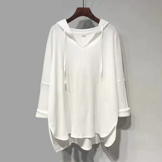 Goodif 女款長版寬鬆華夫格連帽長袖T恤