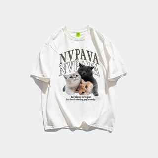 언헤브 남녀공용 시크 고양이 캐주얼 반팔 티셔츠