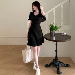PEONIST 抓皺A字迷你連身裙 含大尺碼, 黑色