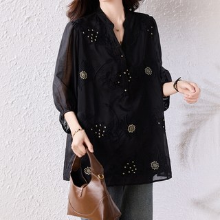 ATTERLIC 大尺碼水鑽飾邊七分袖高品質上衣 11010