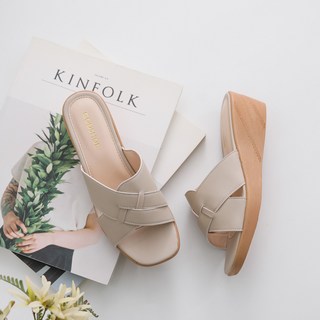 GODSHOE 女款交叉帶楔型涼拖鞋 5cm, 米色, 245mm