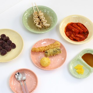 小吃餐具混合色5件組, B, 1套, 淺麵碗(橄欖綠) + 8吋圓盤(蜜桃色) + 9吋圓盤(芒果黃) + 雙格分隔盤(橄欖綠) + 小碟子(蜜桃色)