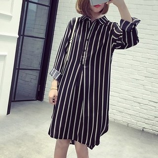 時尚蝴蝶直條紋亮點大尺碼孕婦長袖襯衫連身裙