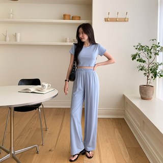 CHICBLACK Youspi露臍短袖T恤+基本款鬆緊長褲套裝 cpset2802k35