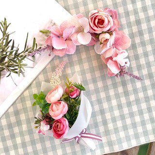 MORIANN 人造花思念花束 + 角落花環 + 手寫信卡片組合, 粉紅色