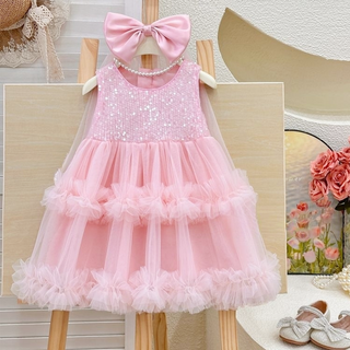 MisoPapa 女童用 Belleza 閃亮亮片連身裙 + 蝴蝶結髮夾組