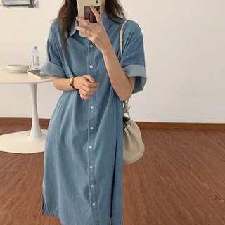 Lemon Soul 女款寬鬆短袖牛仔連身裙, 淺藍