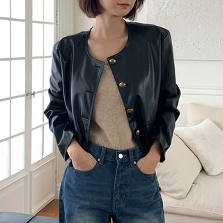 BBAEBBAE 女款圓領半短版人造皮革夾克