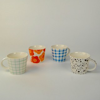 BELUZ casa 韓國製 Viva 馬克杯 4件組 310ml, 橘色花朵 + 綠色格紋 + 藍色格紋 + 黑色大理石, 1套