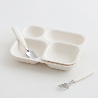 TACKAON Nemo 嬰兒 Ecozen 4 件套盤子 + 專用碗 + 湯匙 + 叉子 + 湯匙叉盒套裝, 1組, 象牙(盤)、象牙(碗、湯匙、叉子), 4式盤+專用碗+湯匙叉+盒子