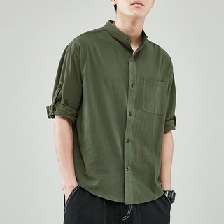 Starbean 男士透氣單口袋立領亞麻襯衫