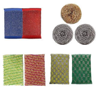 黃銅不鏽鋼鋼絲球 + 不鏽鋼鋼絲球 2入 + 高級銀絲菜瓜布 2入 + 羊毛鋼絲絨 2入 + 亮光菜瓜布 2入, 1個, 9個