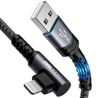 CODEWAY 90度 USB A to Lightning 快充充電線, 2m, 灰色, 1條