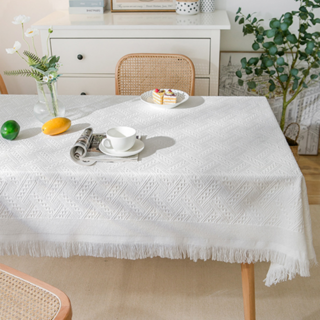MEO 北歐簡約感性亞麻桌布 格紋, 130 x 230 cm, 白色