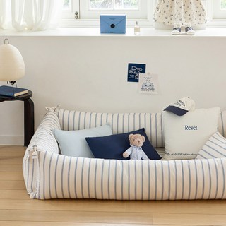 shez Home 純棉防撞床圍靠墊套 + 棉芯套組, 奶油泡芙 海軍藍
