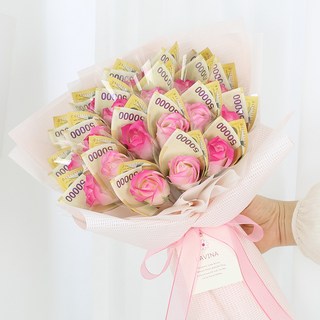 LAVINA 香皂玫瑰 20朵 現金花束 + 提袋組合, 鬆餅粉(花束), 1套