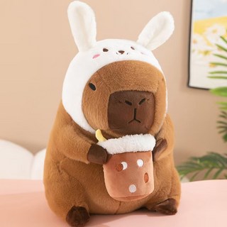 水豚絨毛娃娃, 白色帽子珍珠奶茶, 40cm, 1個