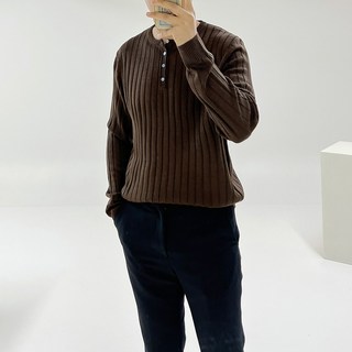 Ador Classic 男士素色羅紋彈性四釦亨利領長袖針織衫