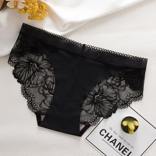 Market A 女性性感絲質花朵內褲 3件組, 黑色