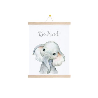 Hansuo 北歐風室內設計木製掛軸海報組 + 無痕掛鉤, 米色(木製掛軸) + 小象(海報)