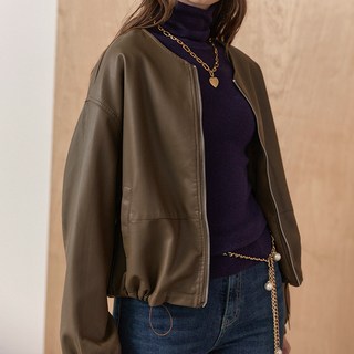 MAXZA 女款圓領抽繩拉鍊皮革夾克