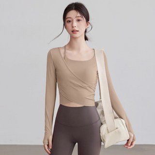 C.O.B 女款皮拉提斯瑜珈健身長袖綁帶層次感上衣
