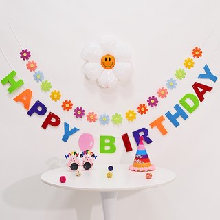 PARTYSHOW 雛菊小號 + 粉彩混色掛旗 + 派對毛氈掛旗 生日彩虹套組, 1套, 混合色