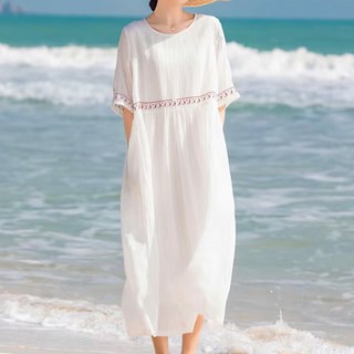 더플로우커머스 코튼 자수 레트로 루즈핏 플레어 미디 원피스