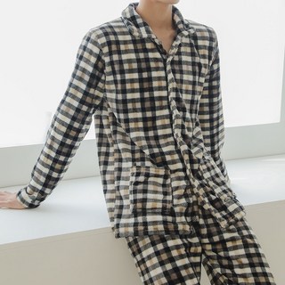 GLAM GONGGAM 男款人造貂絨療癒格紋睡眠睡衣上下套裝