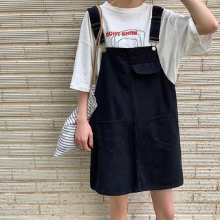 女款寬鬆吊帶牛仔連身短裙, 黑色