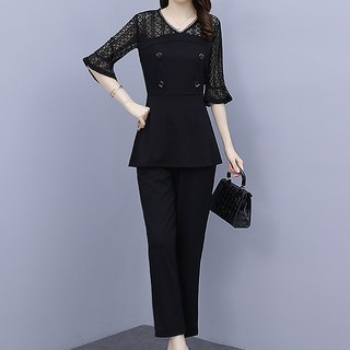 ATTERLIC 大尺碼雙釦蕾絲肩部透視九分褲西裝套裝 00114