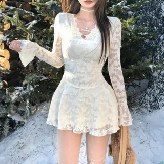 I'M MONG 女款修身V領抽繩透膚傘狀長袖迷你連身裙 R6S164, 白色