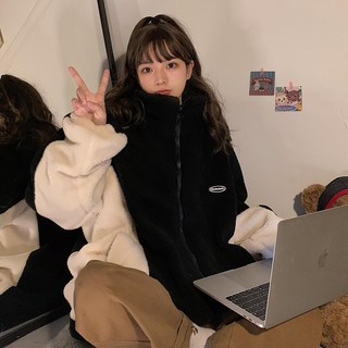 PEONIST 泰迪絨毛刷毛寬鬆版高領雙色拉鍊外套