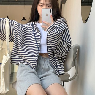 DMELD 女款條紋休閒寬鬆街頭風拉鍊夾克