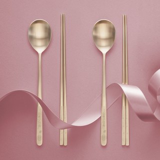 韓國陶瓷LIVING 花蝶系列 有機黃銅夫妻餐具組, 1套, 湯匙 + 筷子 + 收納盒, 金色