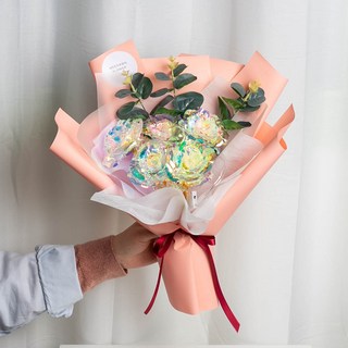 미다운플라워 조화 홀로그램 장미 5송이 꽃다발 + LED 세트, 피치퍼프, 1개