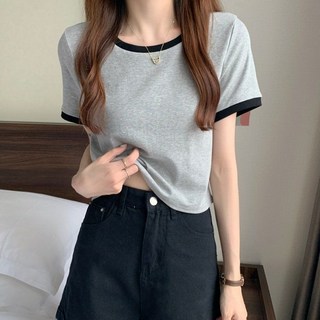 Moneta 女款拼色設計休閒短版短袖上衣