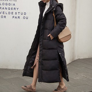 MarketA 女款基本按扣側開衩長版連帽填充外套