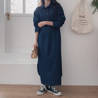LINDASHOP 寬鬆長版牛仔連衣裙 OPS5883K0C, 深藍色