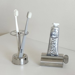 MONACO OLIVE 不鏽鋼浴室收納4孔牙刷架 + 牙膏擠壓器組合, 銀色, 1套